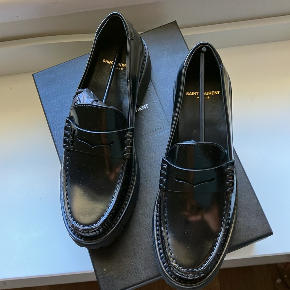 Saint Laurent Black Patent Leather Penny Loafers